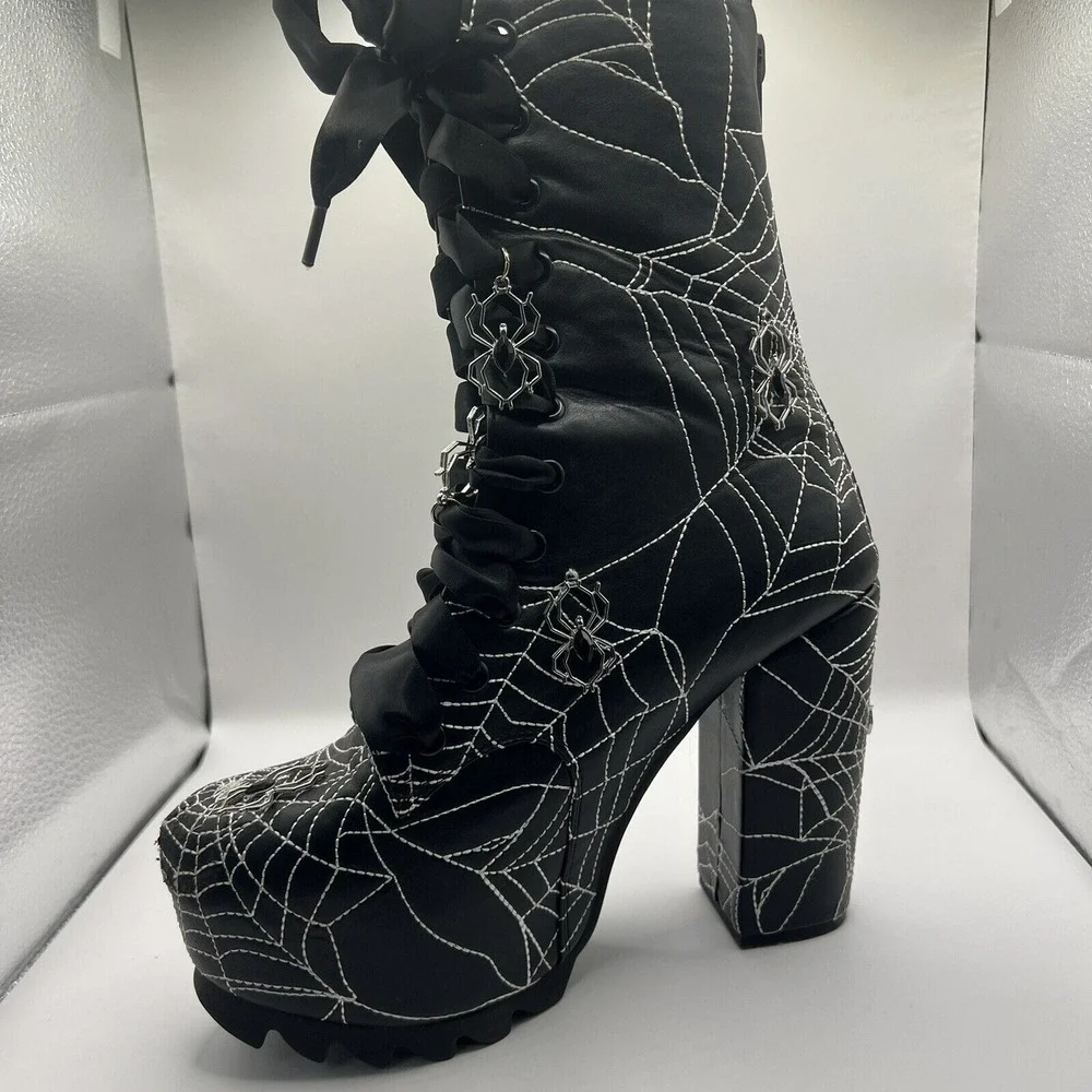 Dolls Kill Black Spiderweb Platform Lace-Up Boots